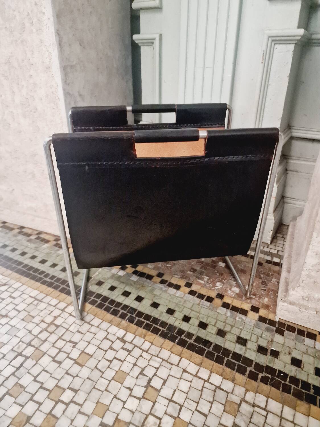 Vintage Brabantia magazine rack in black leather