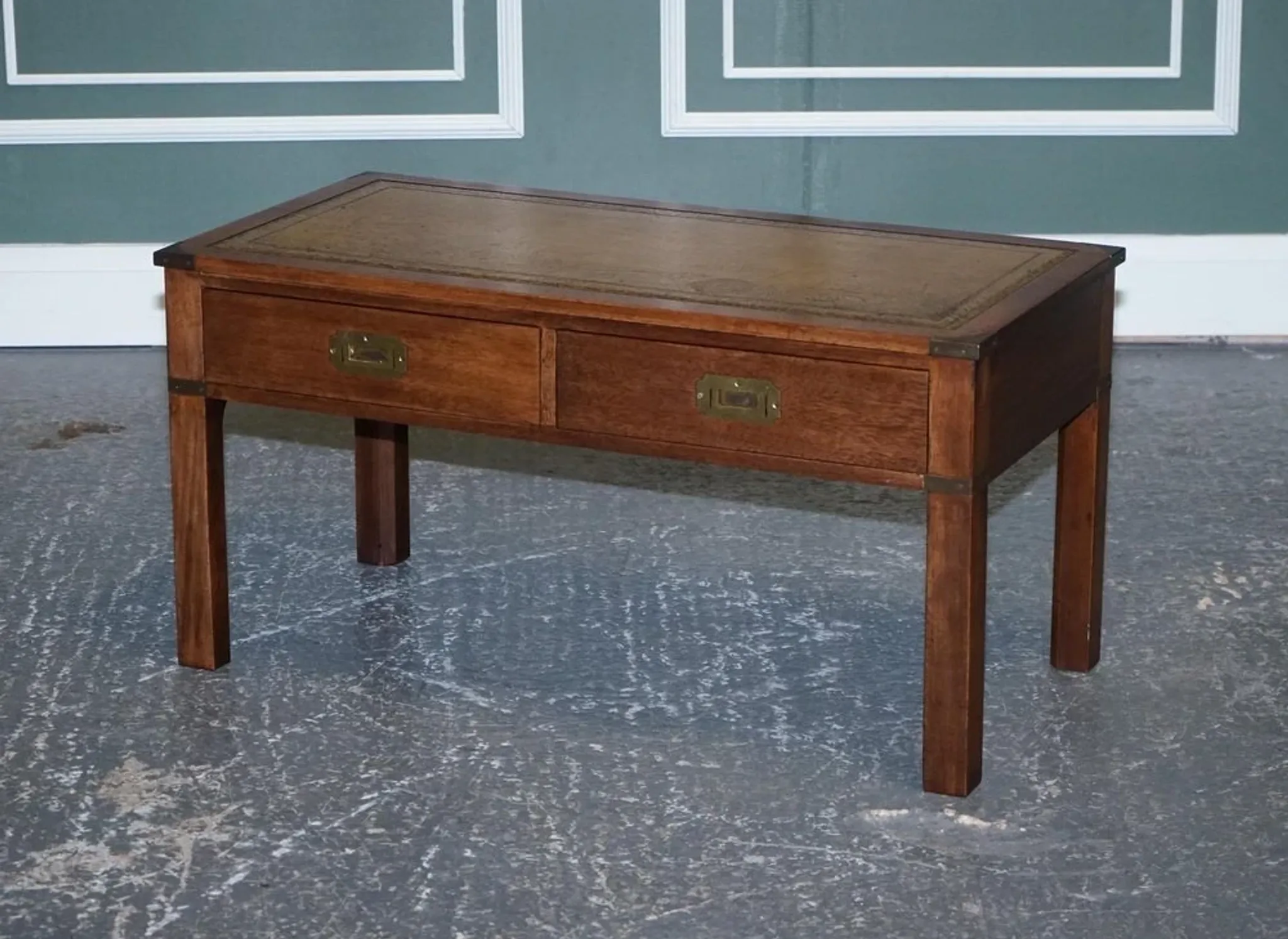 Coffee Table Military Campaign with Brown Leather Top from Harrods London