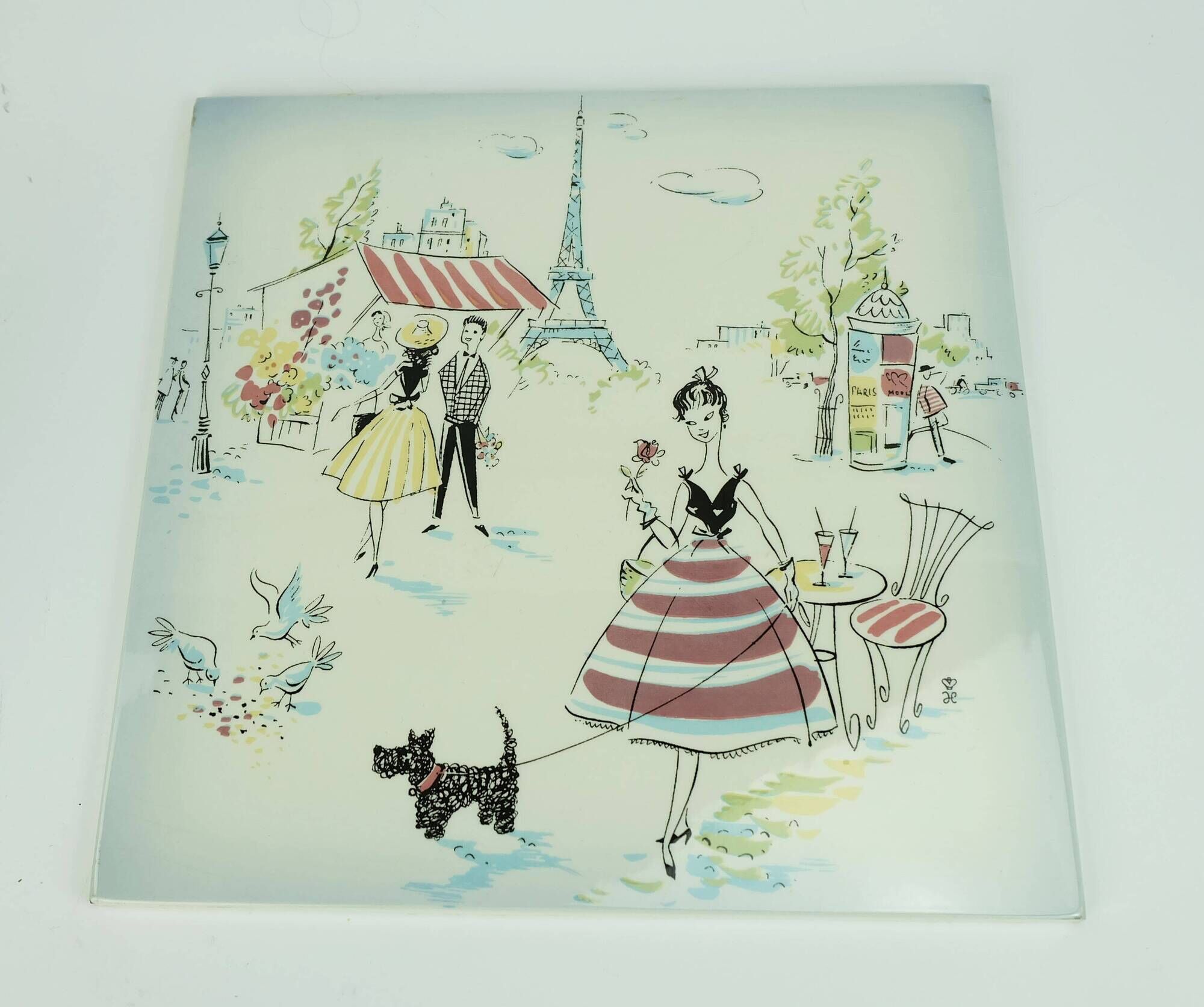Plant stand with ceramic tile top paris motif metal frame hairpin legs 50s