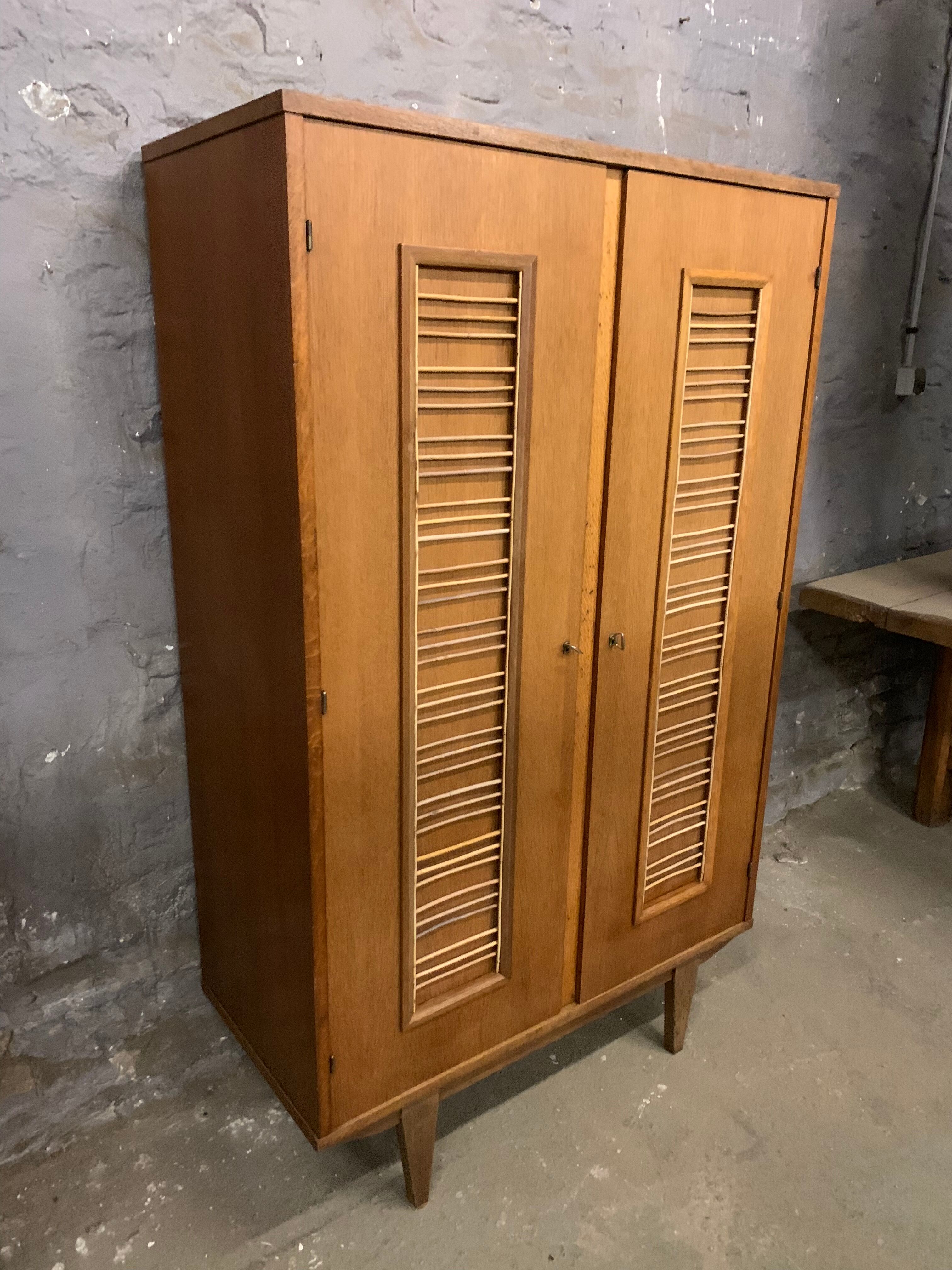 Vintage oak and rattan cabinet 1960
