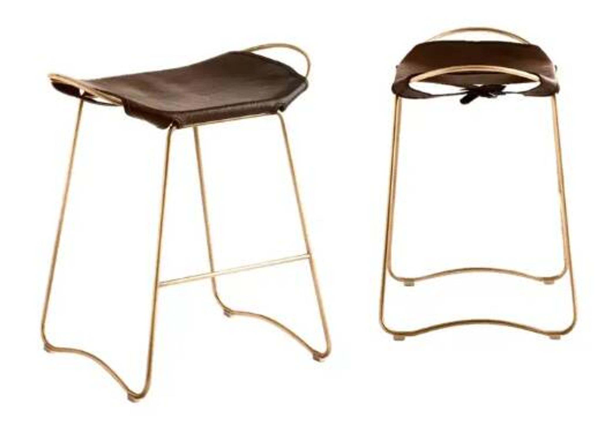 Brown stool pair without backrest with brass details.