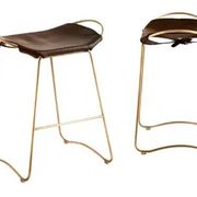 Brown stool pair without backrest with brass details.