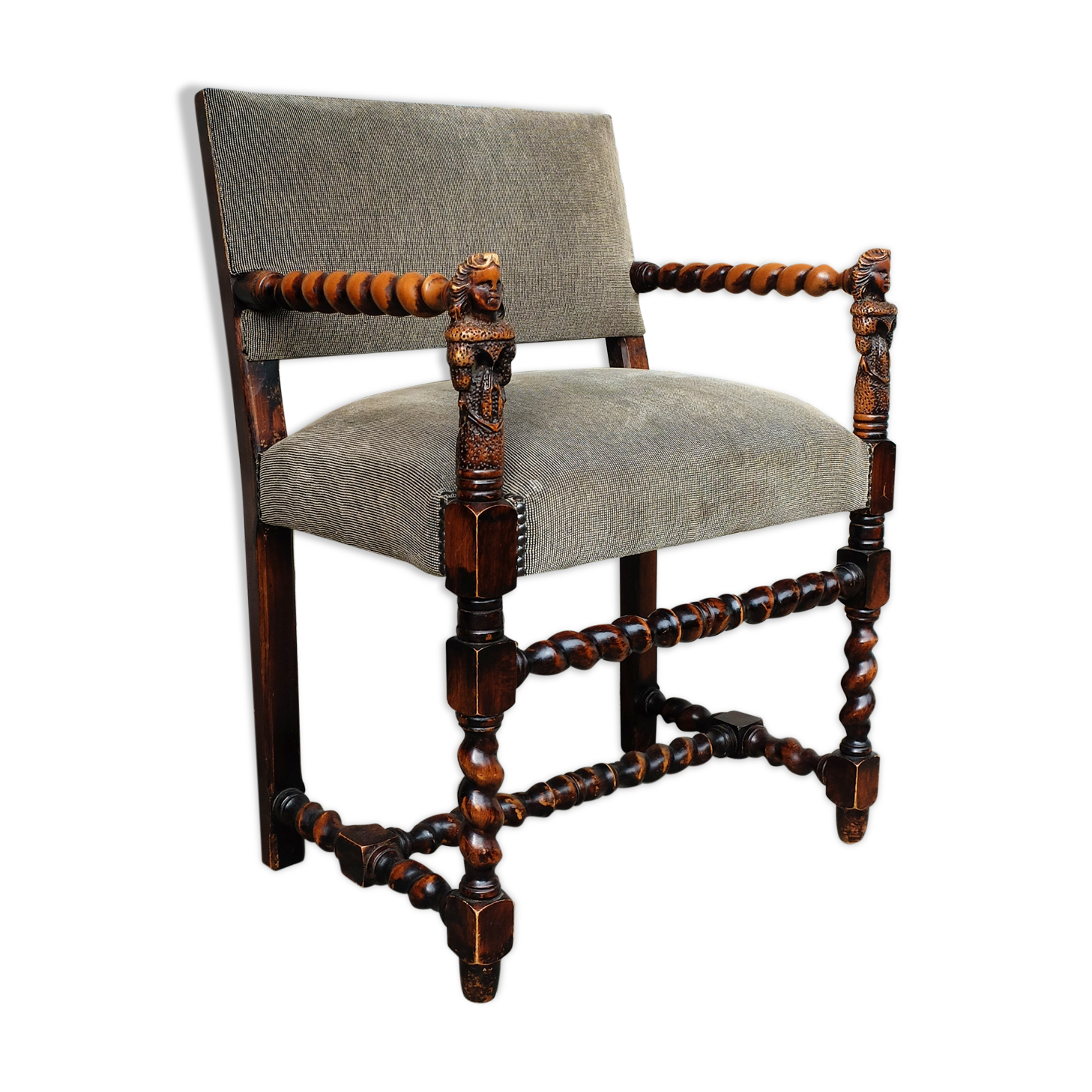 Armchair with sculpted armrests, bust of a woman, Louis XIII Renaissance style