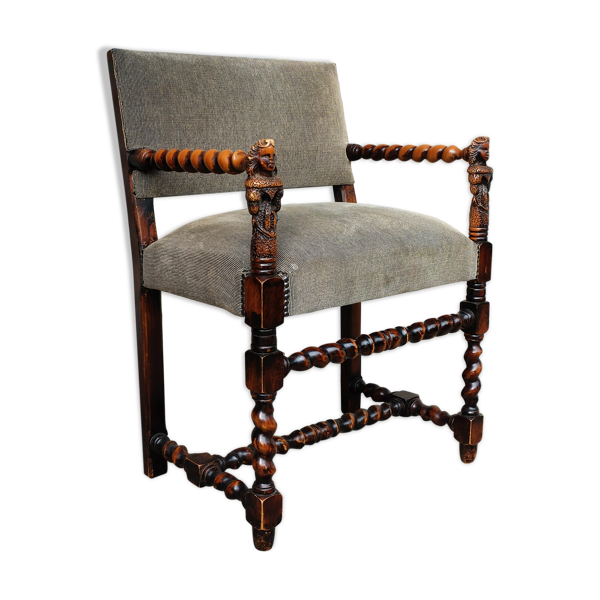 Fauteuil à bras sculpté buste de femme style haute époque renaissance louis xiii