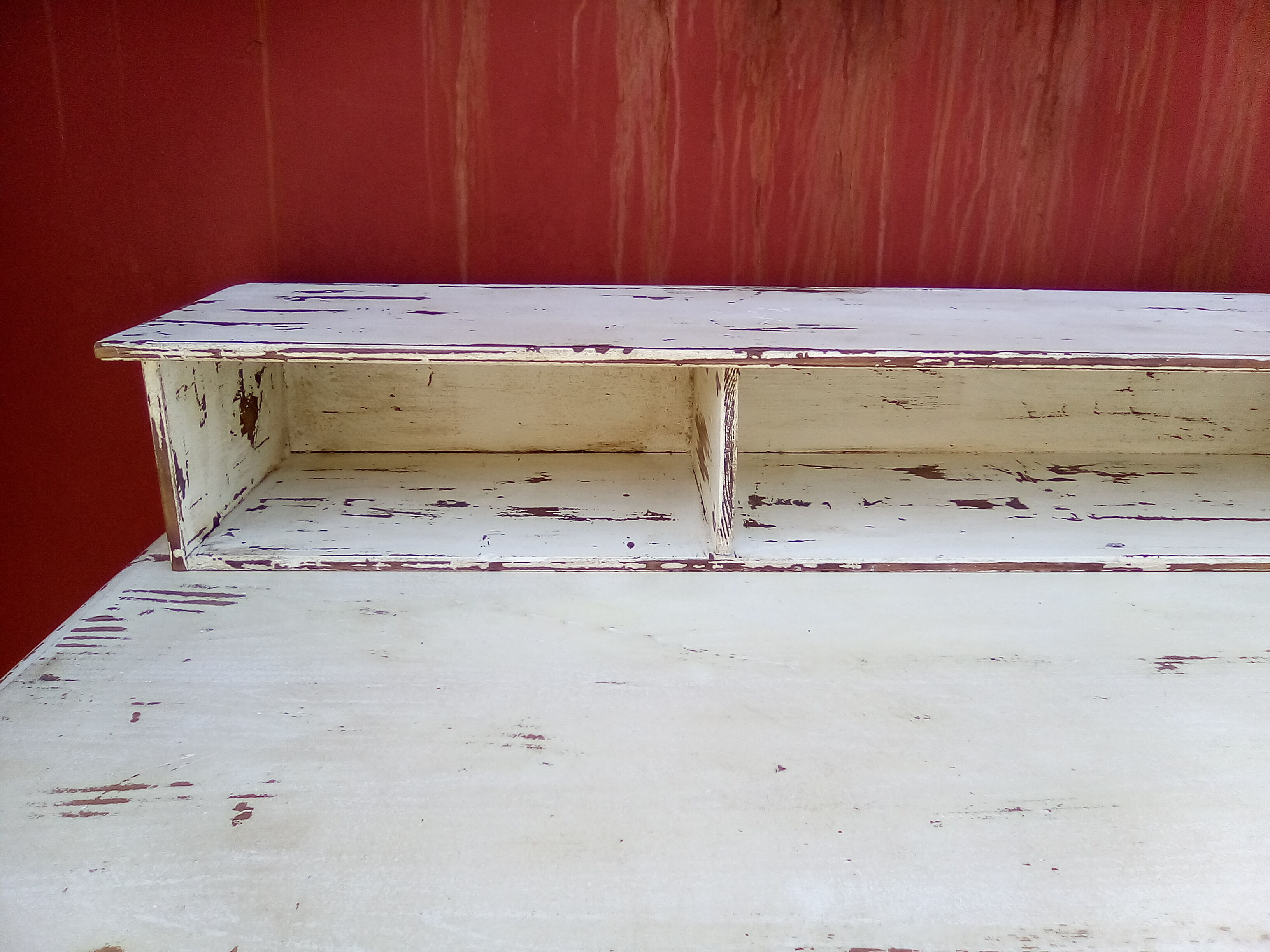 Large wooden desk with patinated bleacher