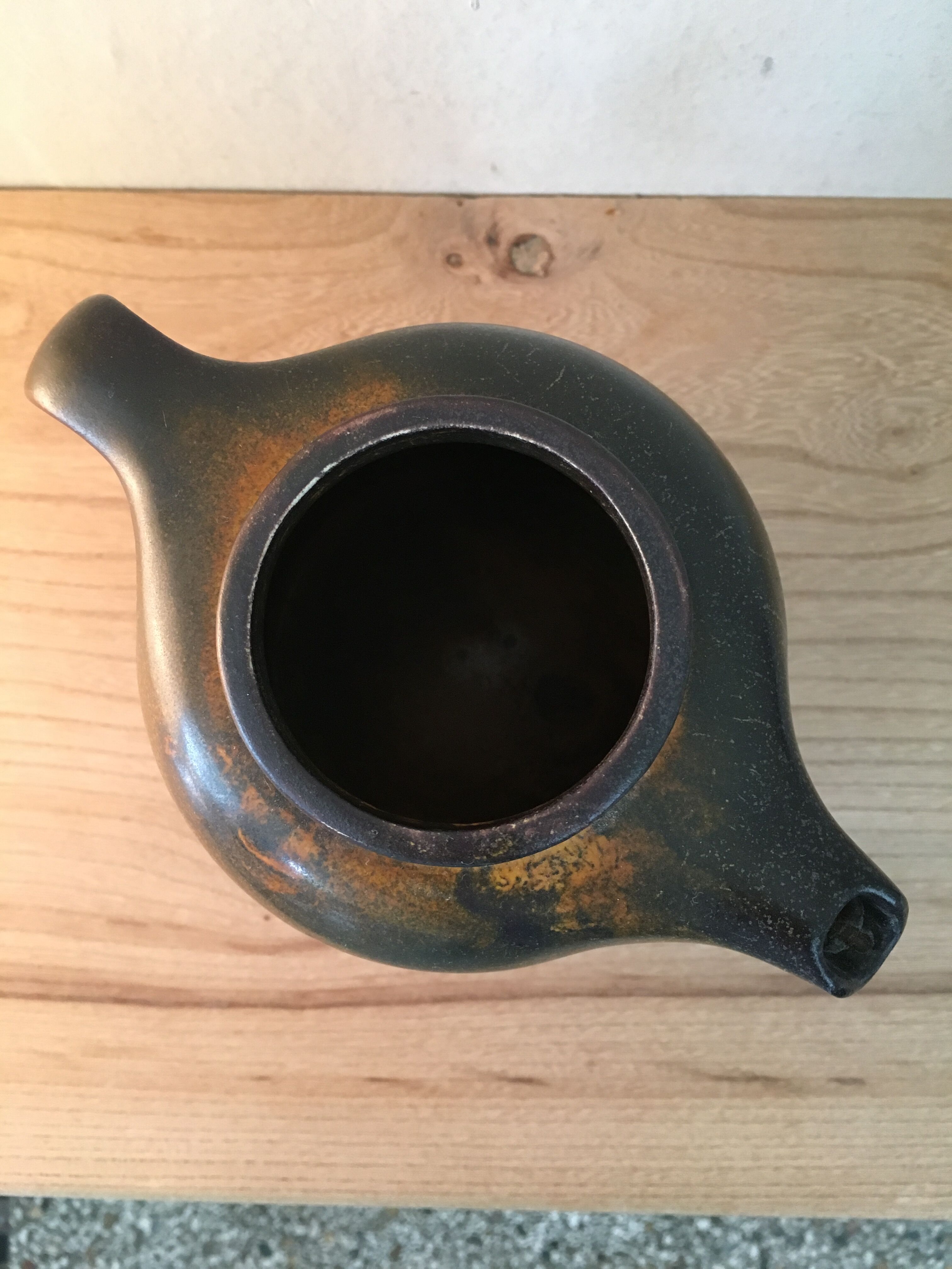 Beautiful sandstone teapot enamel brown and orange