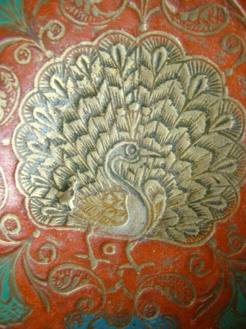 Peacock enameled brass bowl