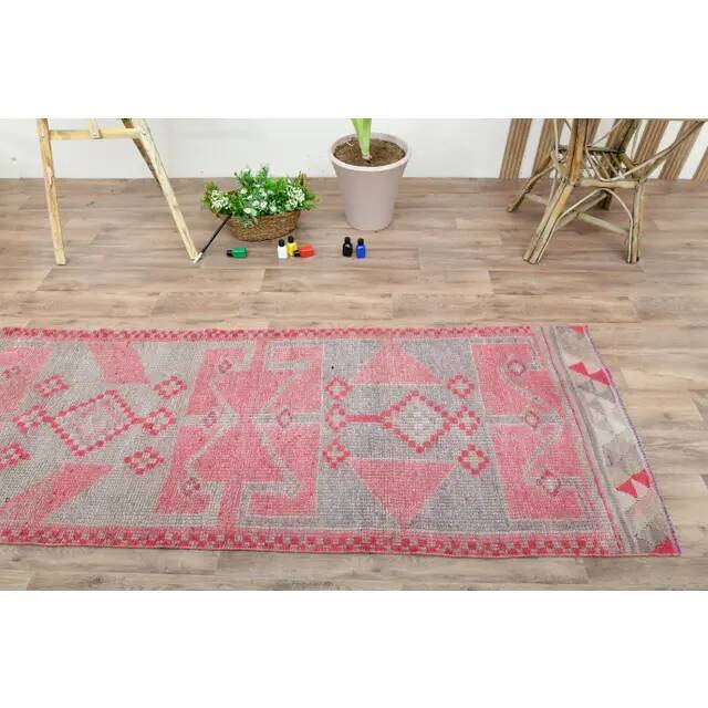 1970s Vintage Turkish Oushak Handmade Wool Cotton Pink Runner Rug 90x312