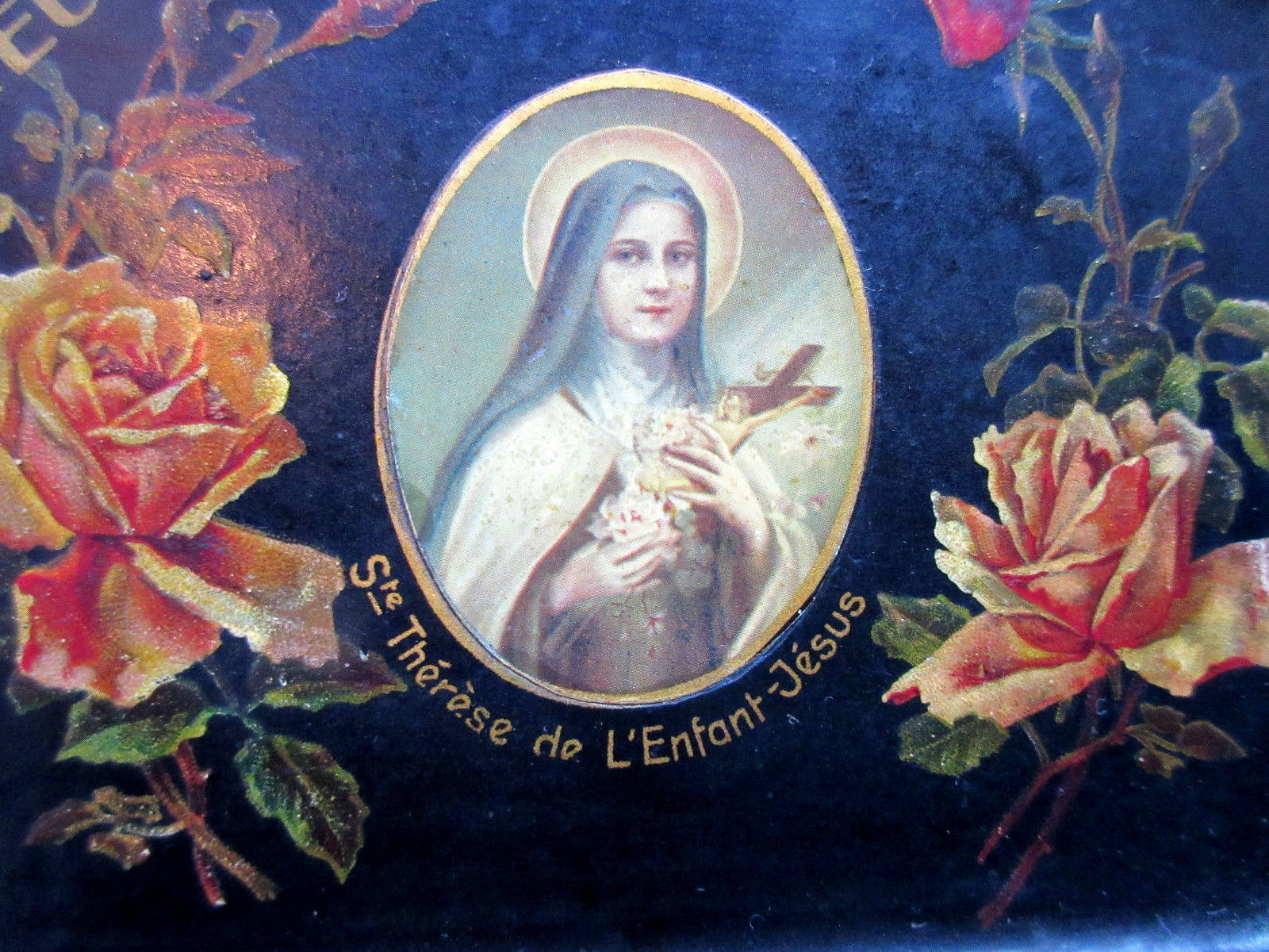 Plateau Napoléon III en carton mâché noir peint Sainte Thérèse de Lisieux