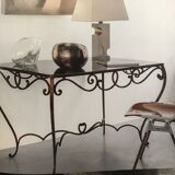 French Art Deco Wrought Iron Dining Table with Black Colored Glass, 1930s