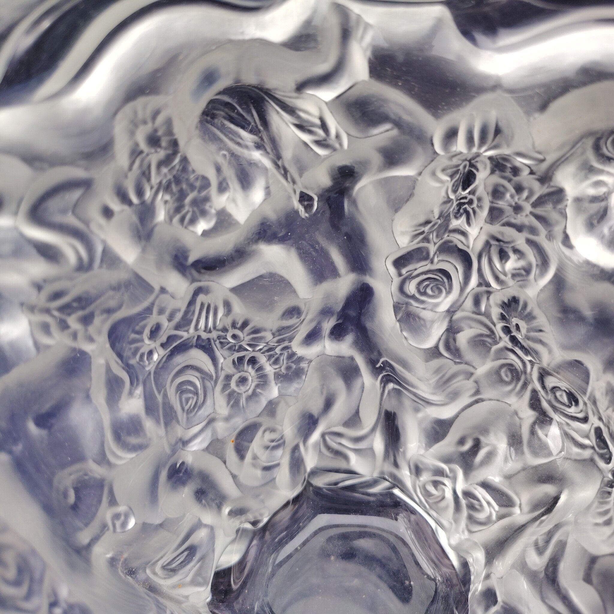 Frosted glass vase, decorated with cherubs and flowers, vintage.