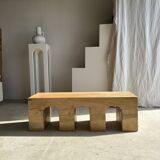 Solid monoxyl wood bench with carved 3-arch base - Natural wood color