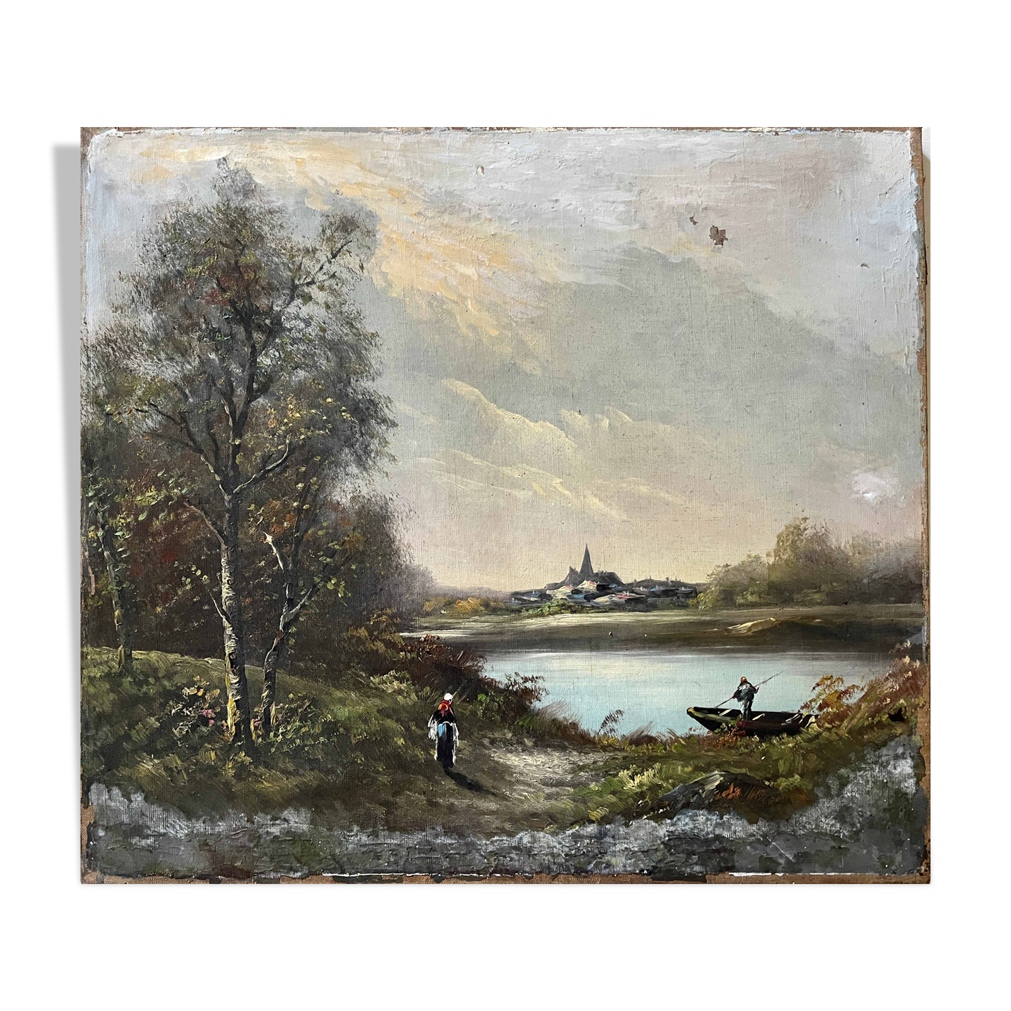 Table pendant of HST "Barbizon Landscape" signed (?) for restoration.