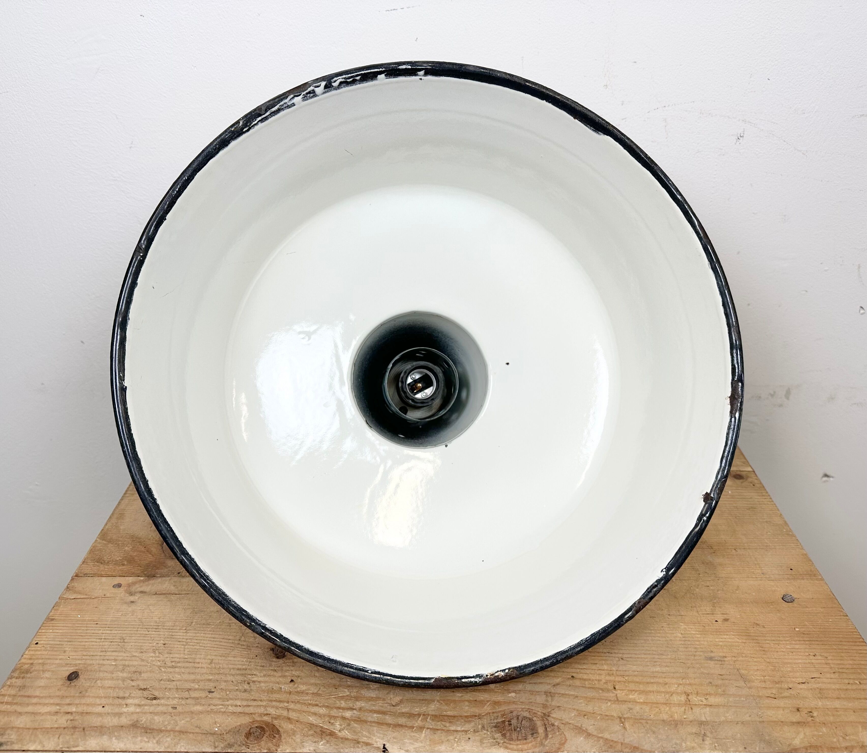 Industrial white enamel factory pendant lamp from zaos, 1960s