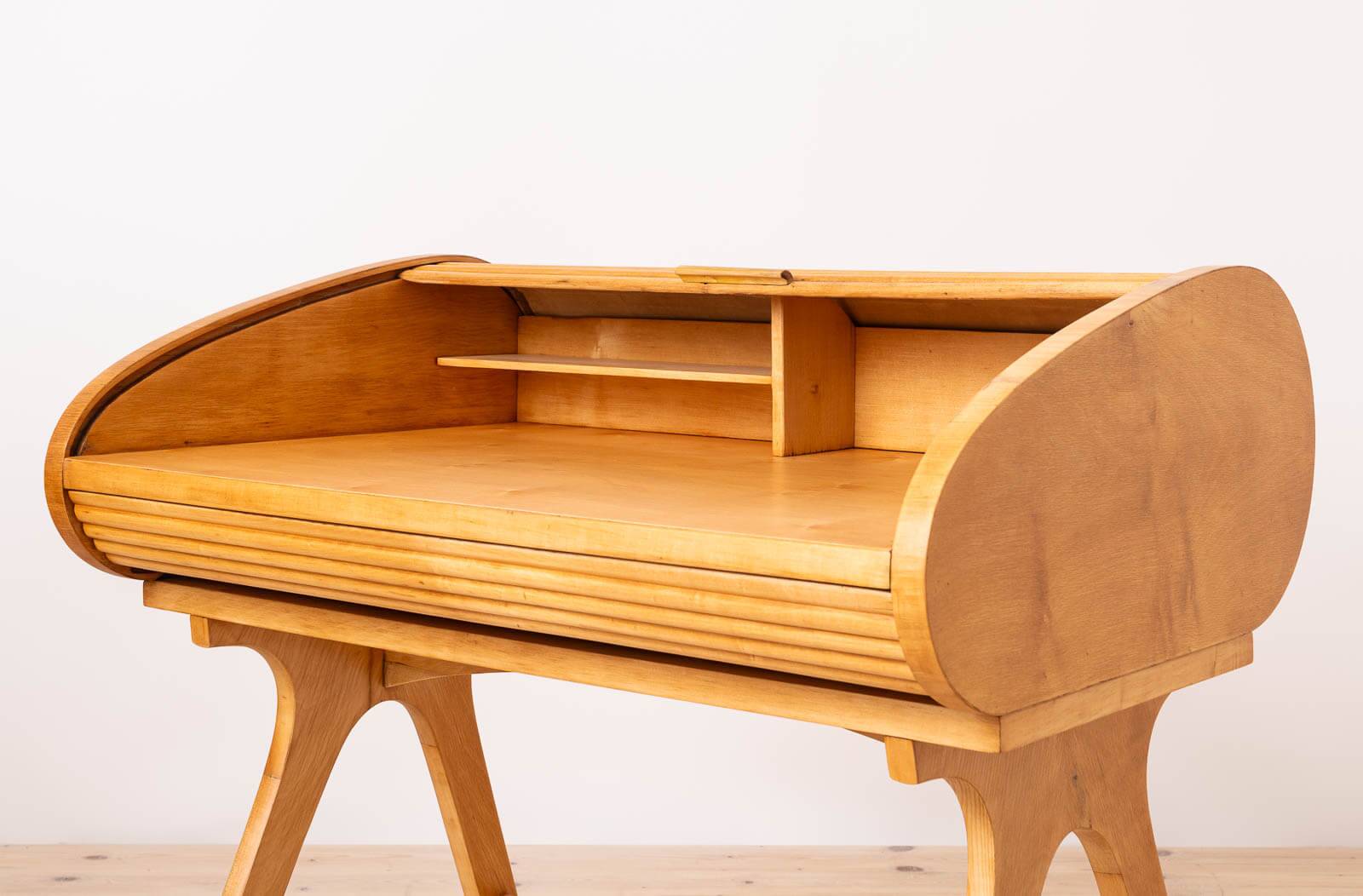 Mid Century Modern Desk with Roll-Top, Walnut Veneer, 1950s, Fully Restored