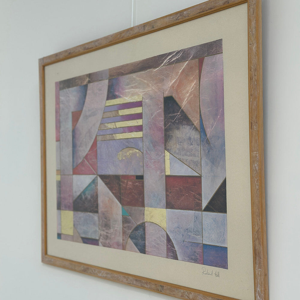 Pair of large Richard Hall geometric abstract mixed media lithographs with gold