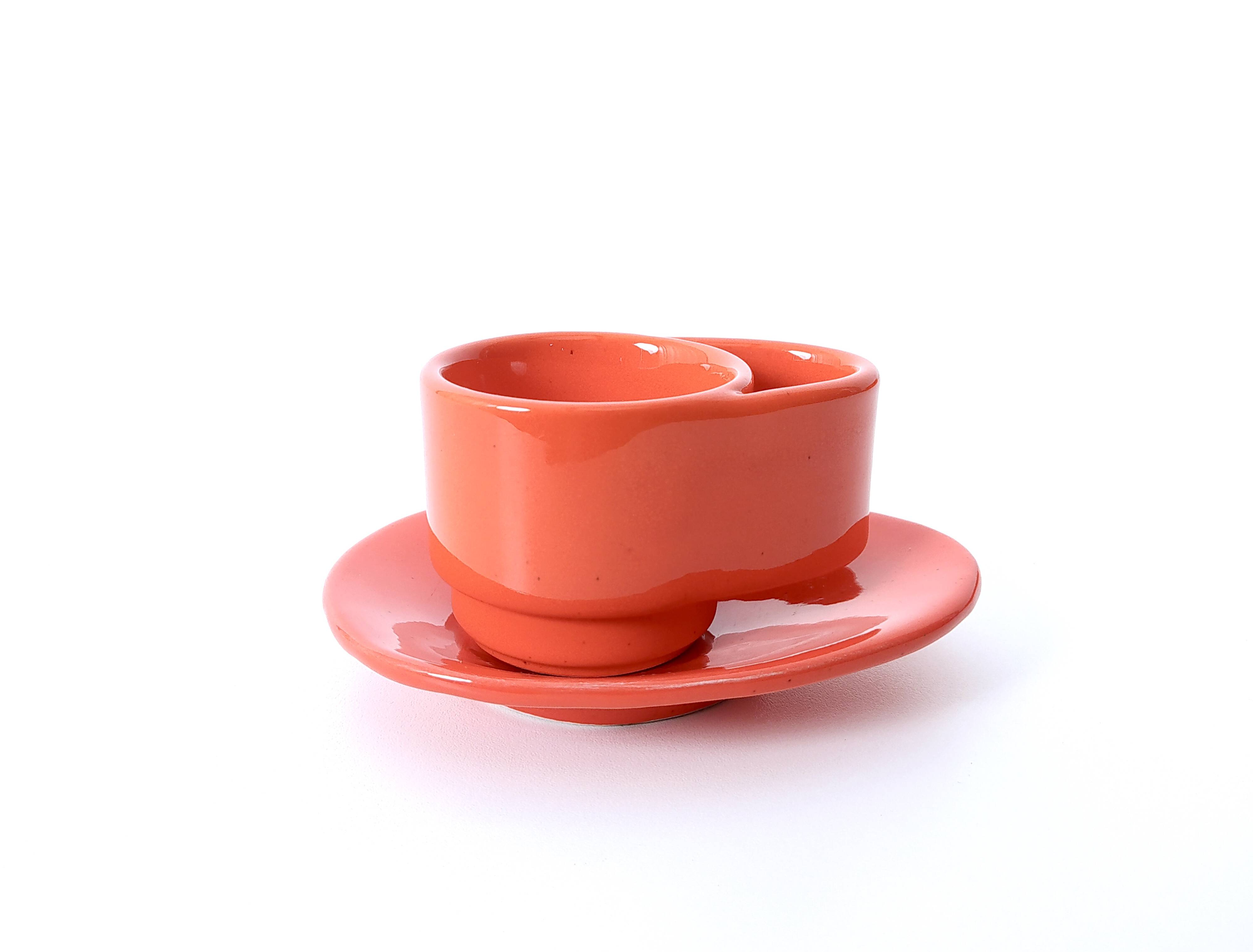 Set of Six Postmodern Vermilion Cups, Sugar Bowl and Plate by Parravicini