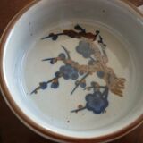 3 ceramic casserole dishes with blue and brown branch pattern