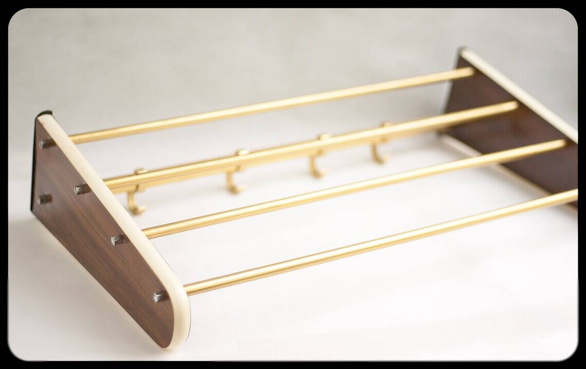 vintage formica and brass coat rack, cloakroom, hooks, hanger, shelf, hooks, coat hooks, decoration