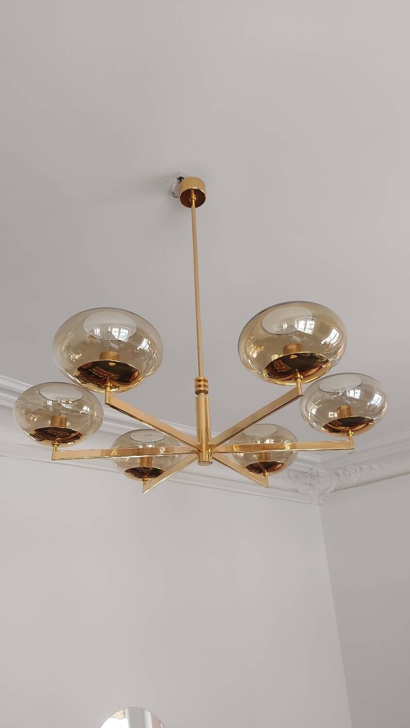 6-light chandelier by Italian designer Gaetano Sciolari gilded with fine gold and iridescent and light amber glass - 1970s - Vintage