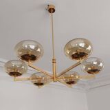6-light chandelier by Italian designer Gaetano Sciolari gilded with fine gold and iridescent and light amber glass - 1970s - Vintage