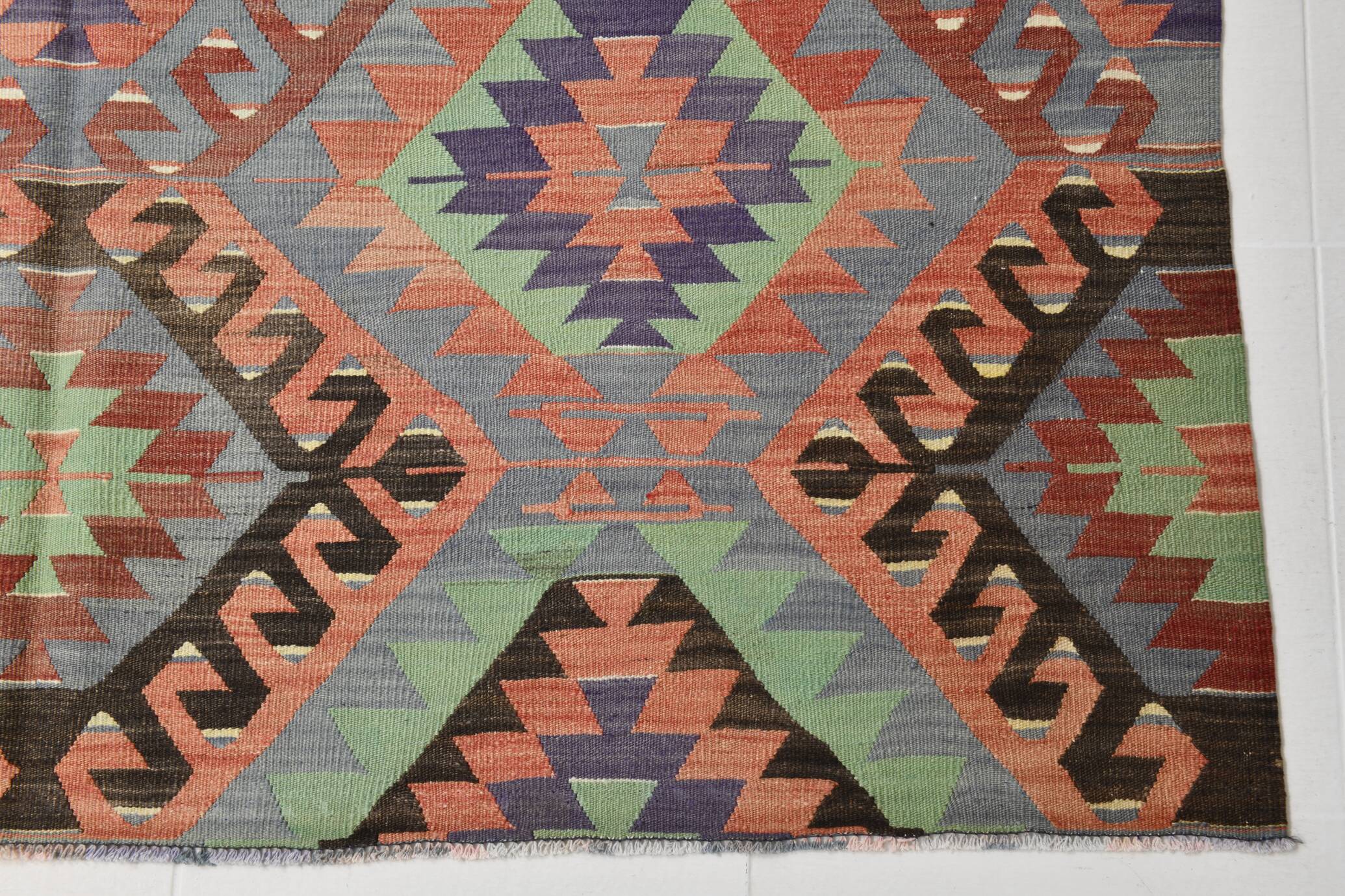 6x9 Green & Salmon Geometric Kilim Rug, 177x266Cm