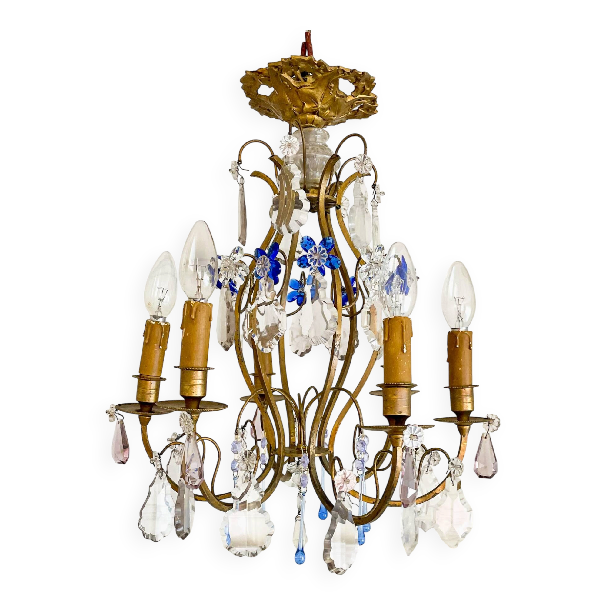 Antique French chandelier cage in gilded bronze and crystal, with blue pendants.