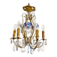 Antique French chandelier cage in gilded bronze and crystal, with blue pendants.
