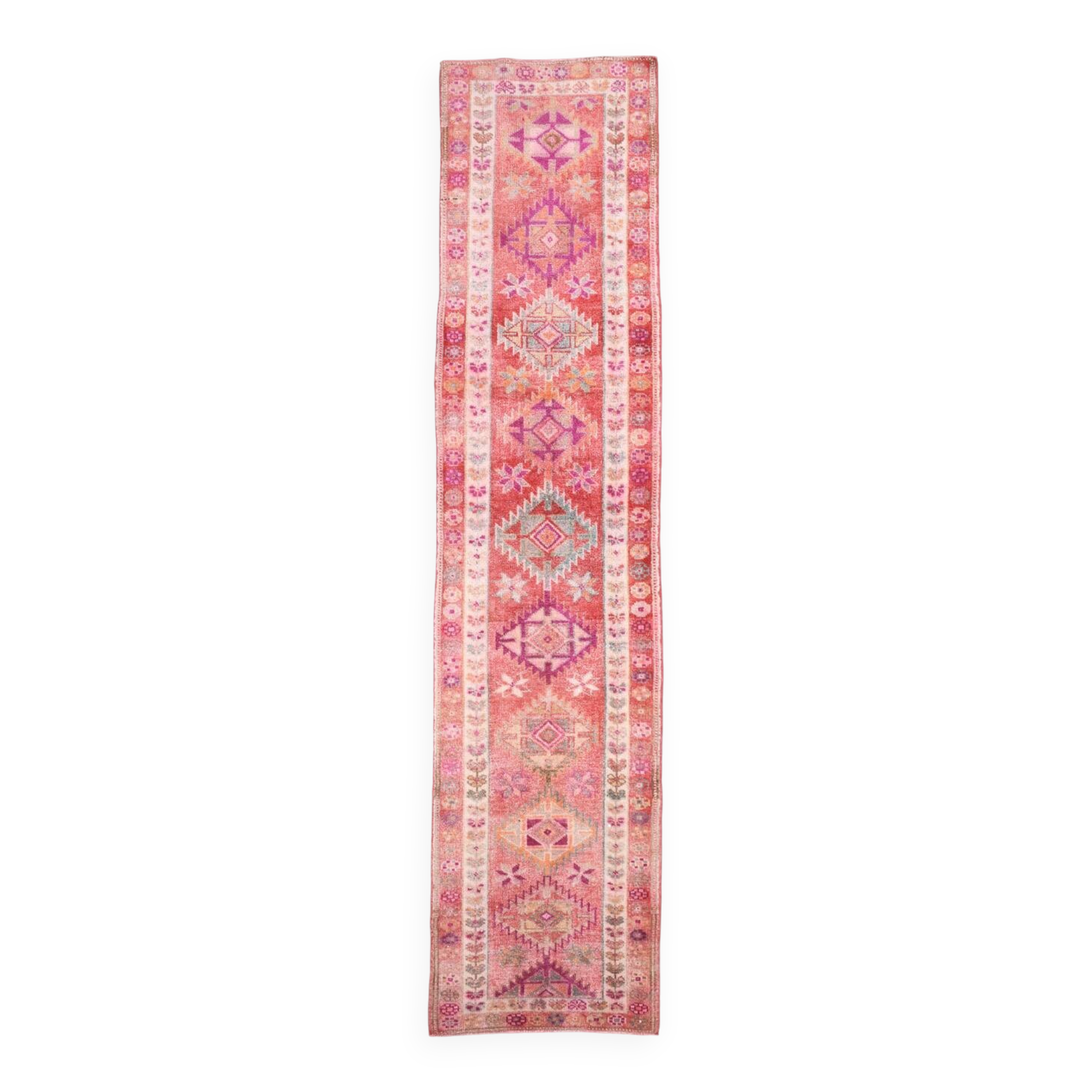 3x12 Vintage Pink & Red Turkish Runner Rug, Super Soft Rug, 86x378Cm