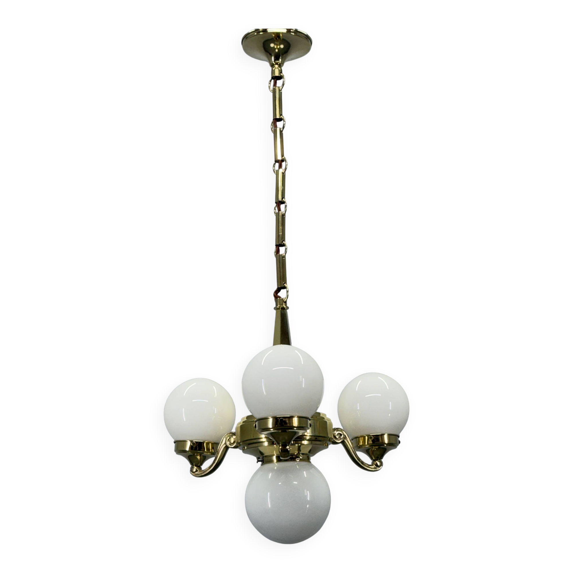 Art Deco Brass and Opaline Glass Chandelier, 1930s