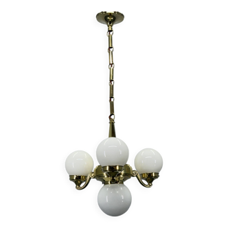 Art Deco Brass and Opaline Glass Chandelier, 1930s