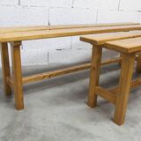 Set of 2 benches and 2 stools in pine, 1970s mountain style.