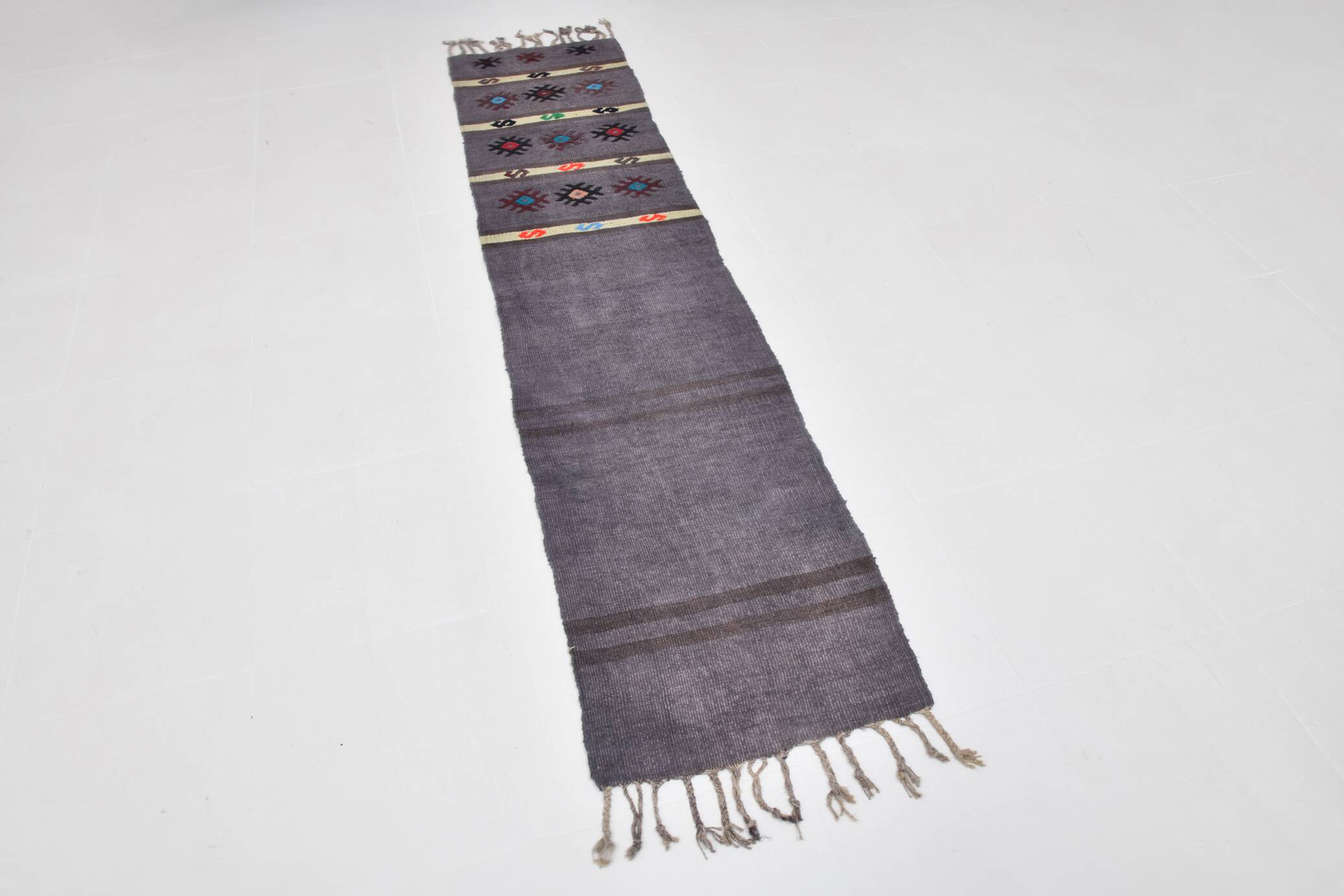 Tapis kilim turc gris 2x8 pour couloir, 56x244 cm