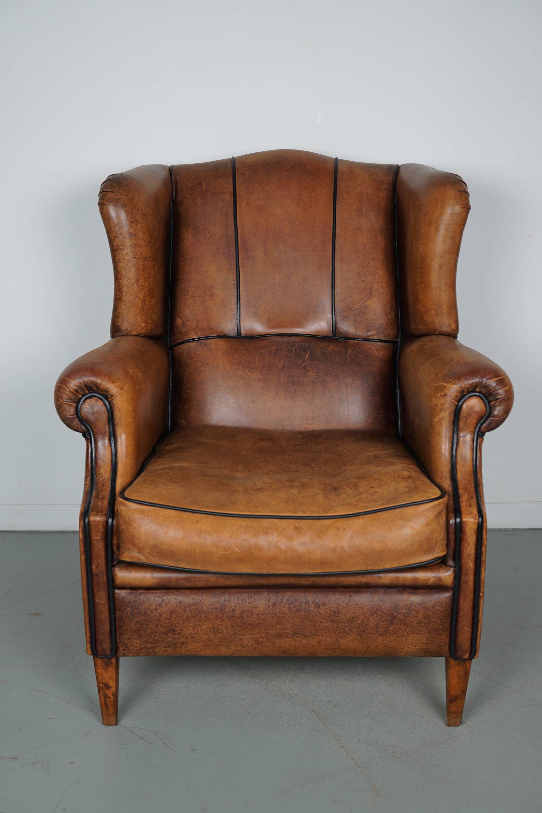 Fauteuil hollandais vintage en cuir cognac