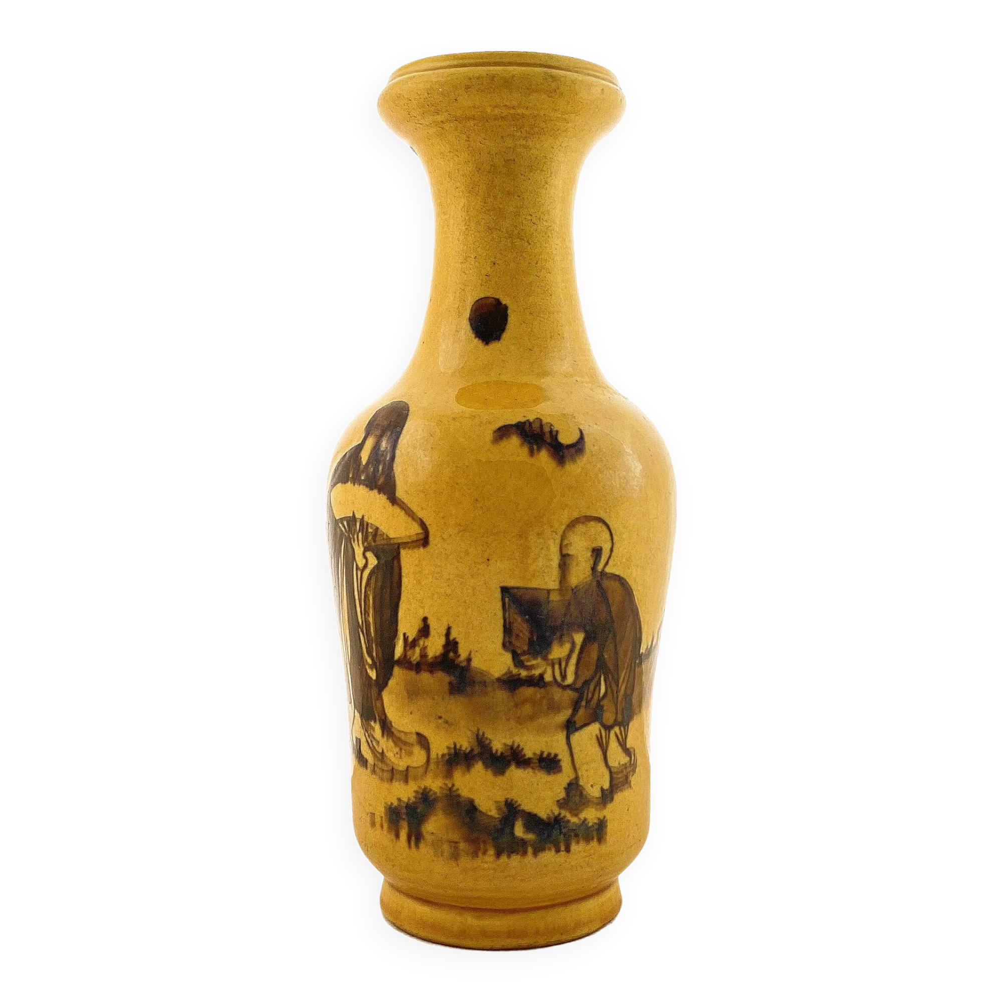CHINESE HANDMADE YELLOW GLAZED TERRACOTTA VASE, HAND PAINTED