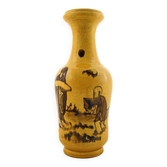 CHINESE ARTISANAL YELLOW GLAZED TERRACOTTA VASE, HAND PAINTED