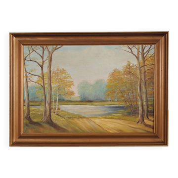 Painting „Two Birch by the Pond”, Scandinavian design, 1970s