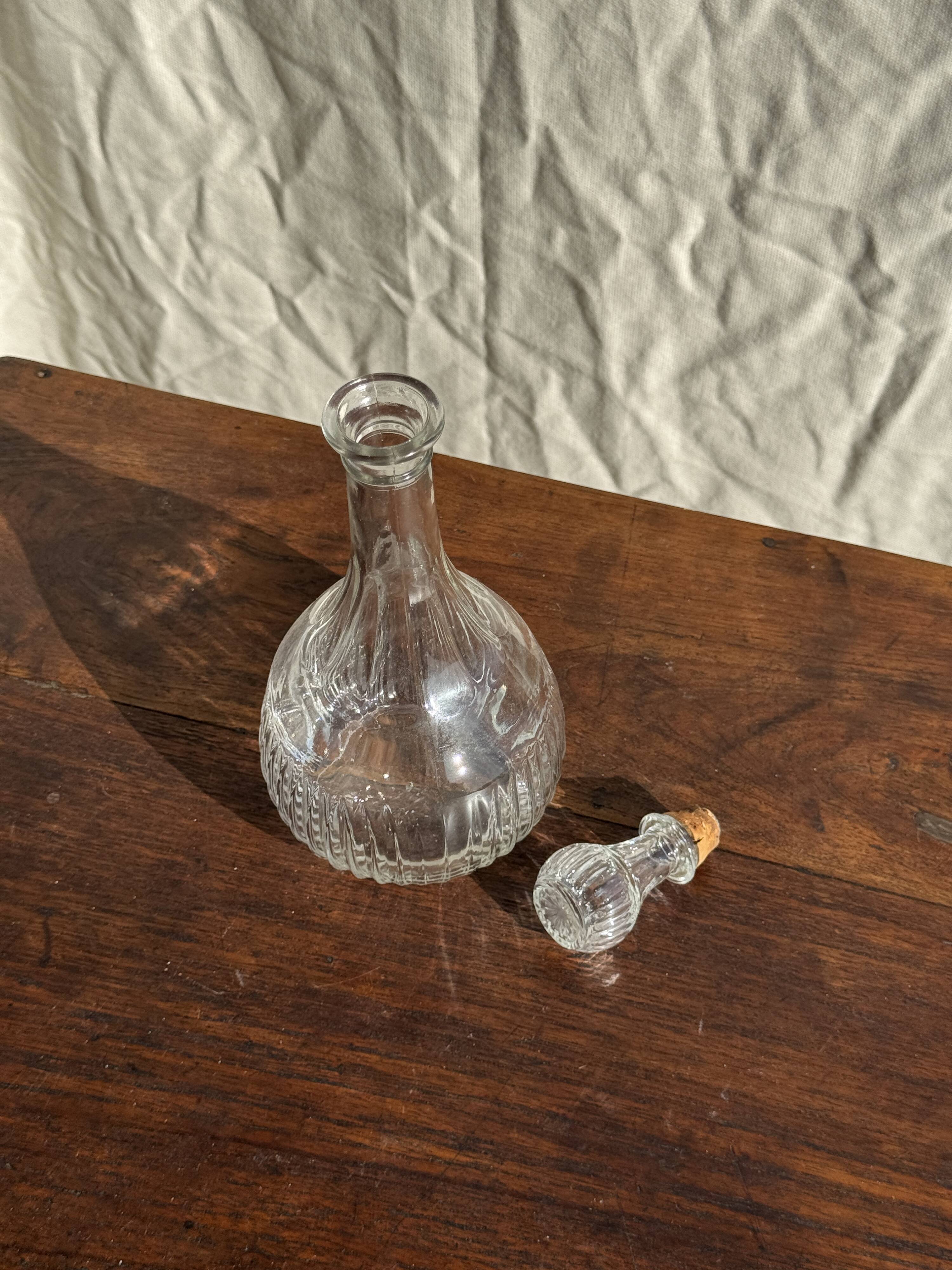 Vintage round-shaped glass carafe with cork stopper H27