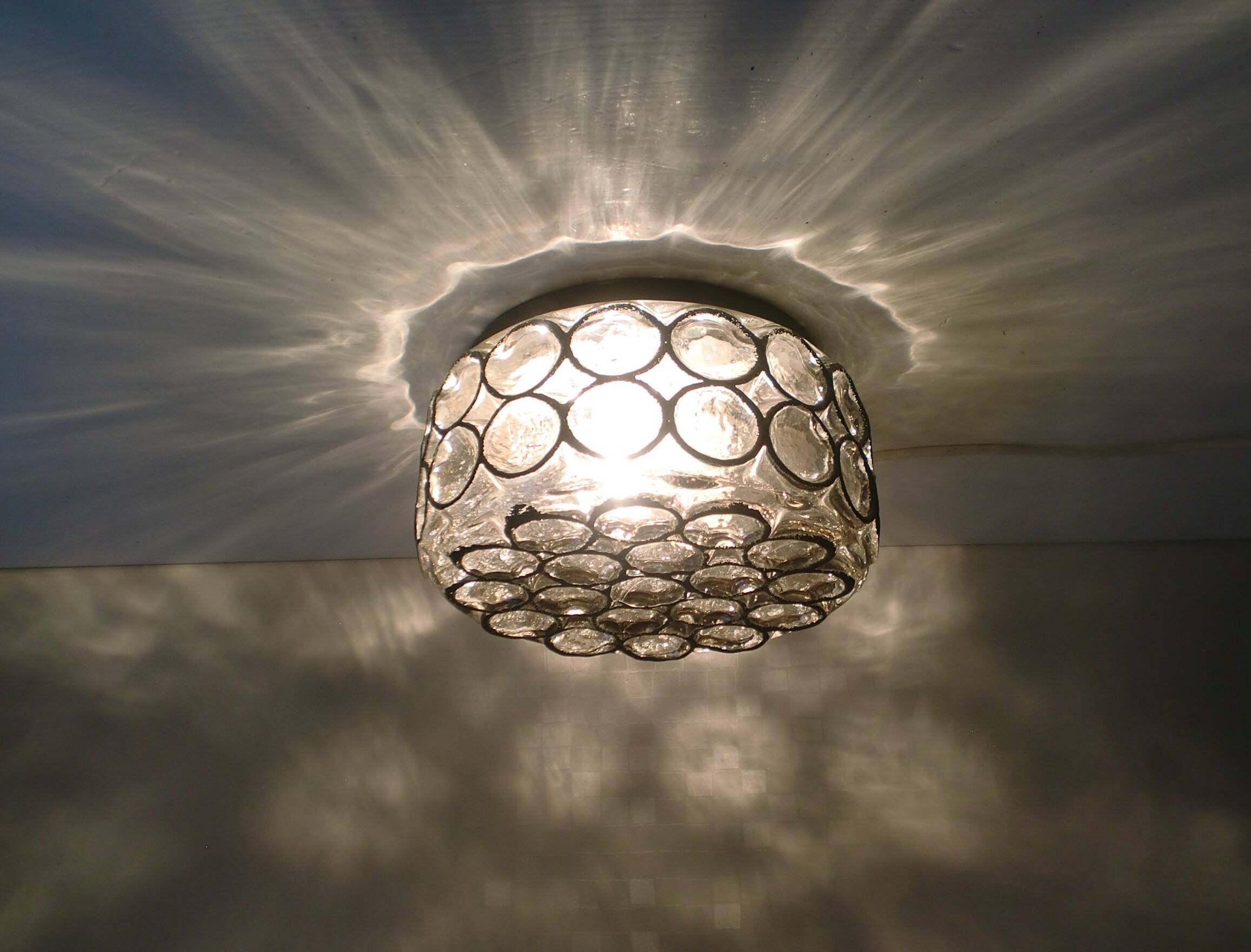 Round iron-ring glass ceiling lamp by Limburg Glashütte 1960s Germany