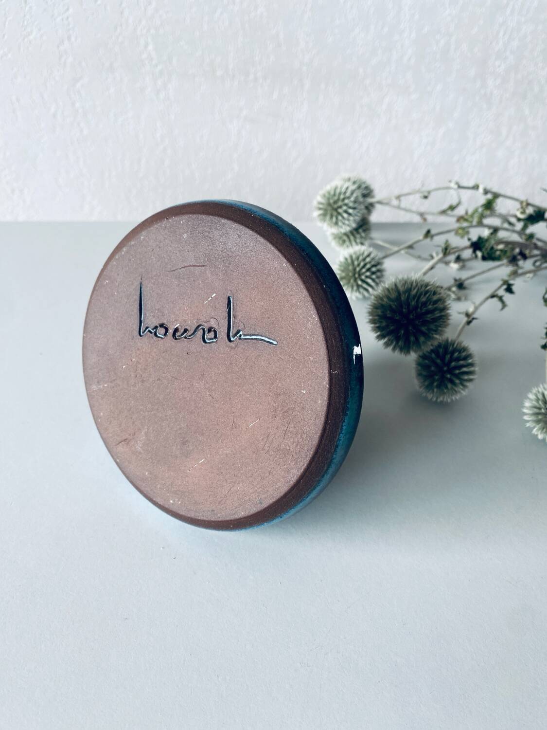 Candle holder in enamelled and signed stoneware
