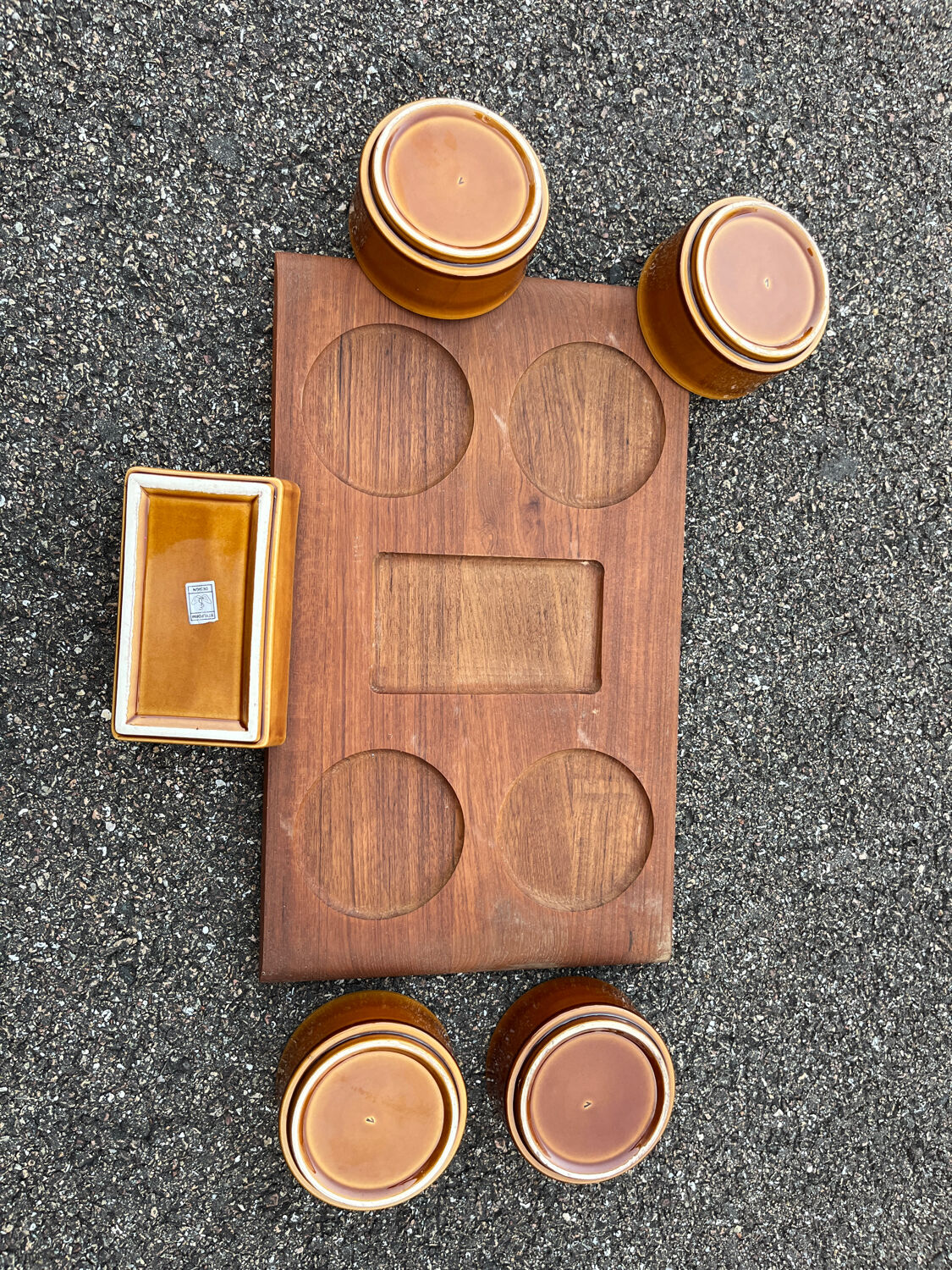 Vintage teak ceramic aperitif serving tray Stylform design