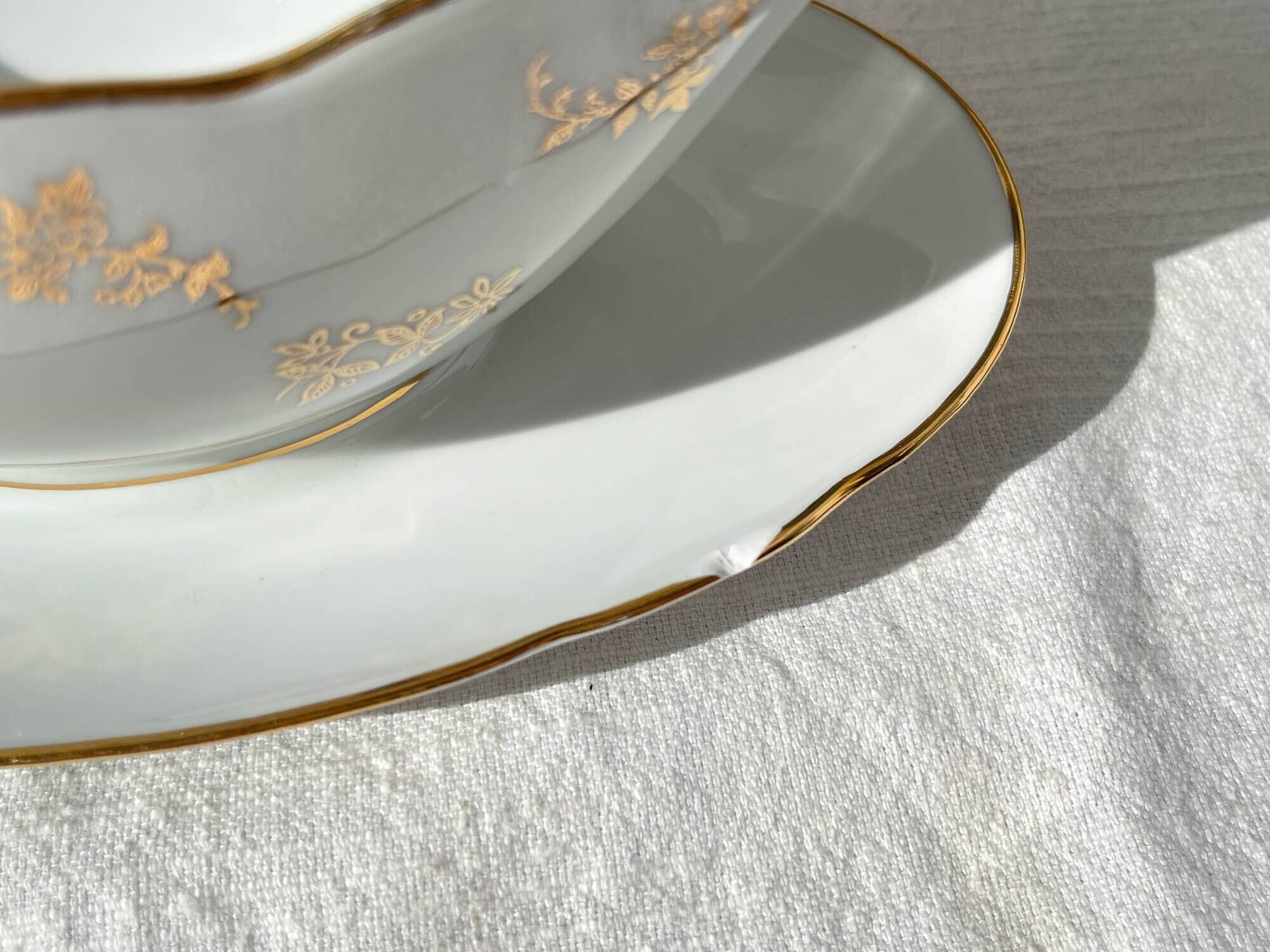 J&Ciem France 1950 white gilded porcelain sauce boat with floral pattern