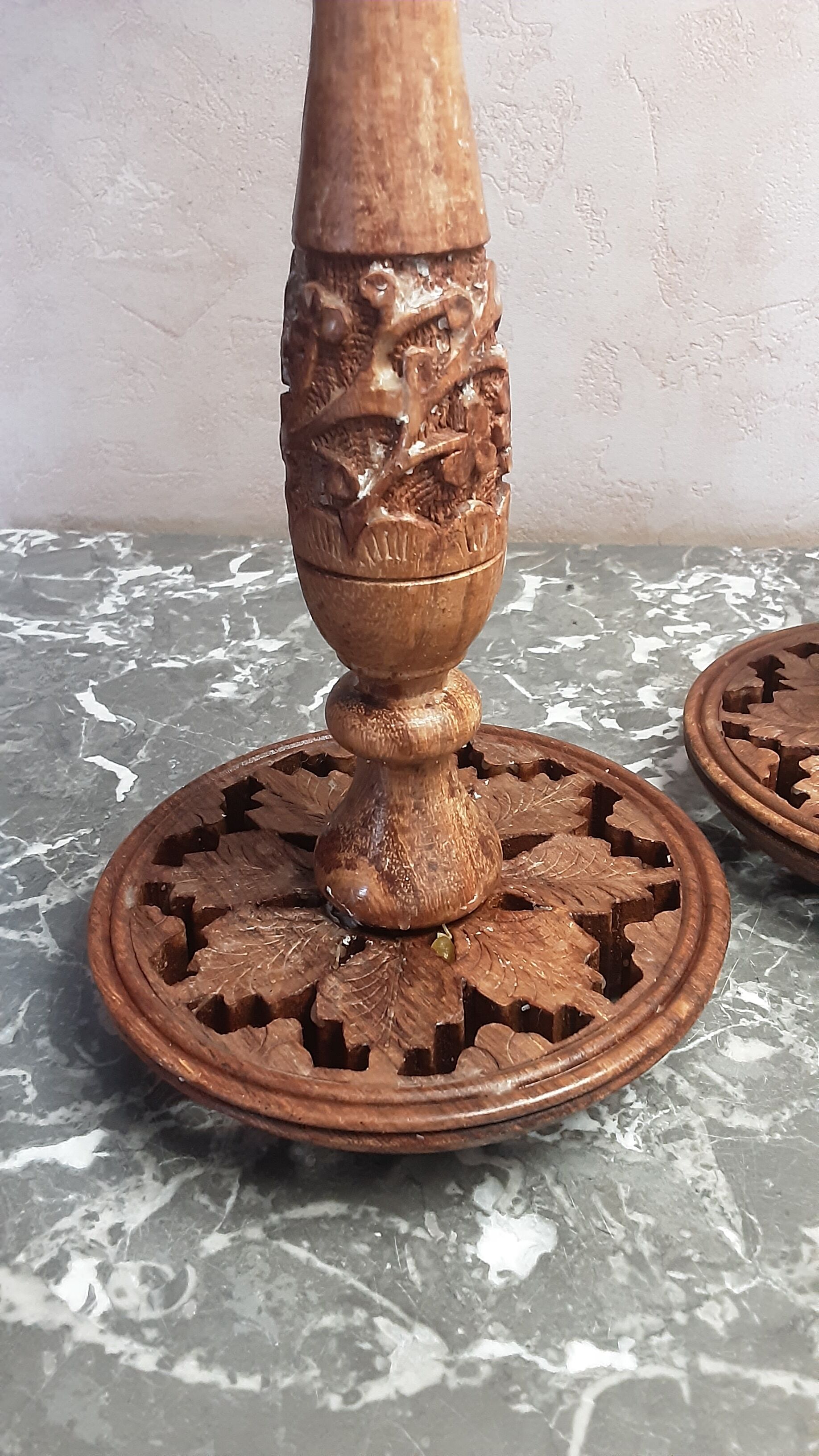 Lot 2 vintage wooden candlesticks