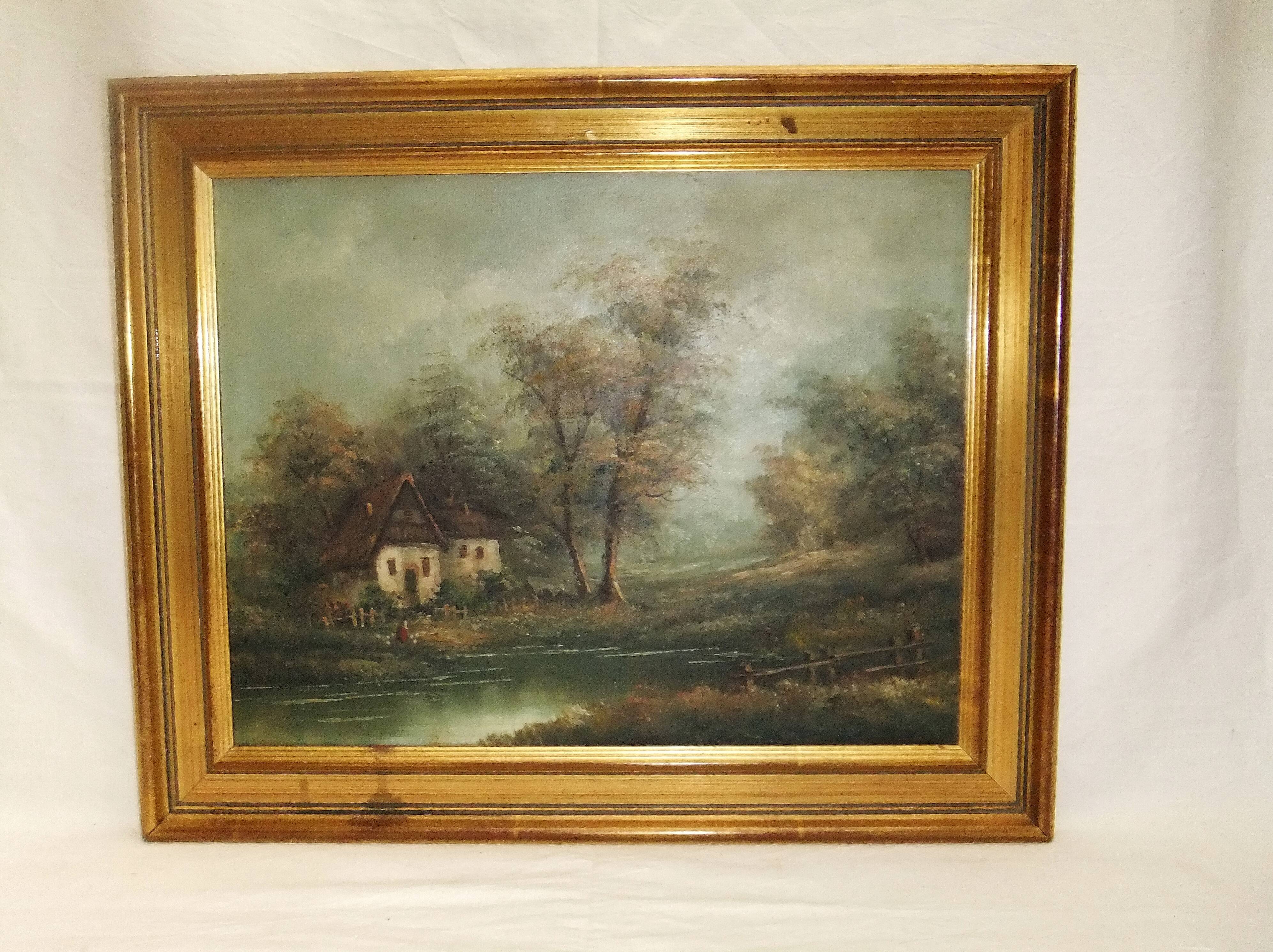 Painting on oil canvas J Evans golden frame landscape