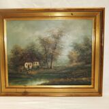 Painting on oil canvas J Evans golden frame landscape