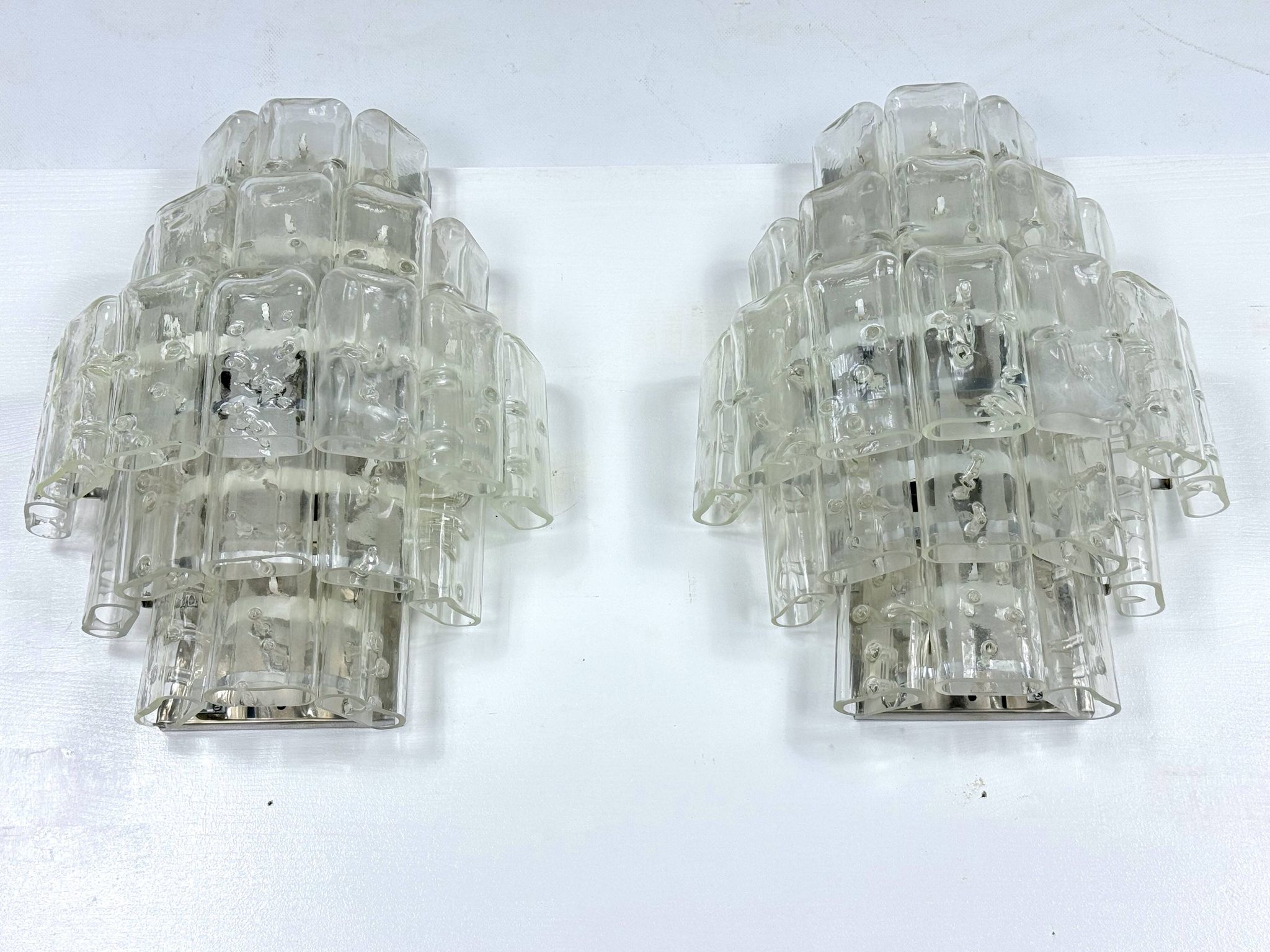 Pair of XL clear murano glass elements wall lamps produced in Italy during the 70s. Attributable to