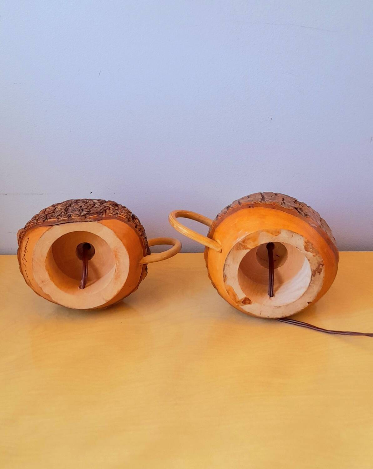 Pair of 60s brutalist wooden lamps