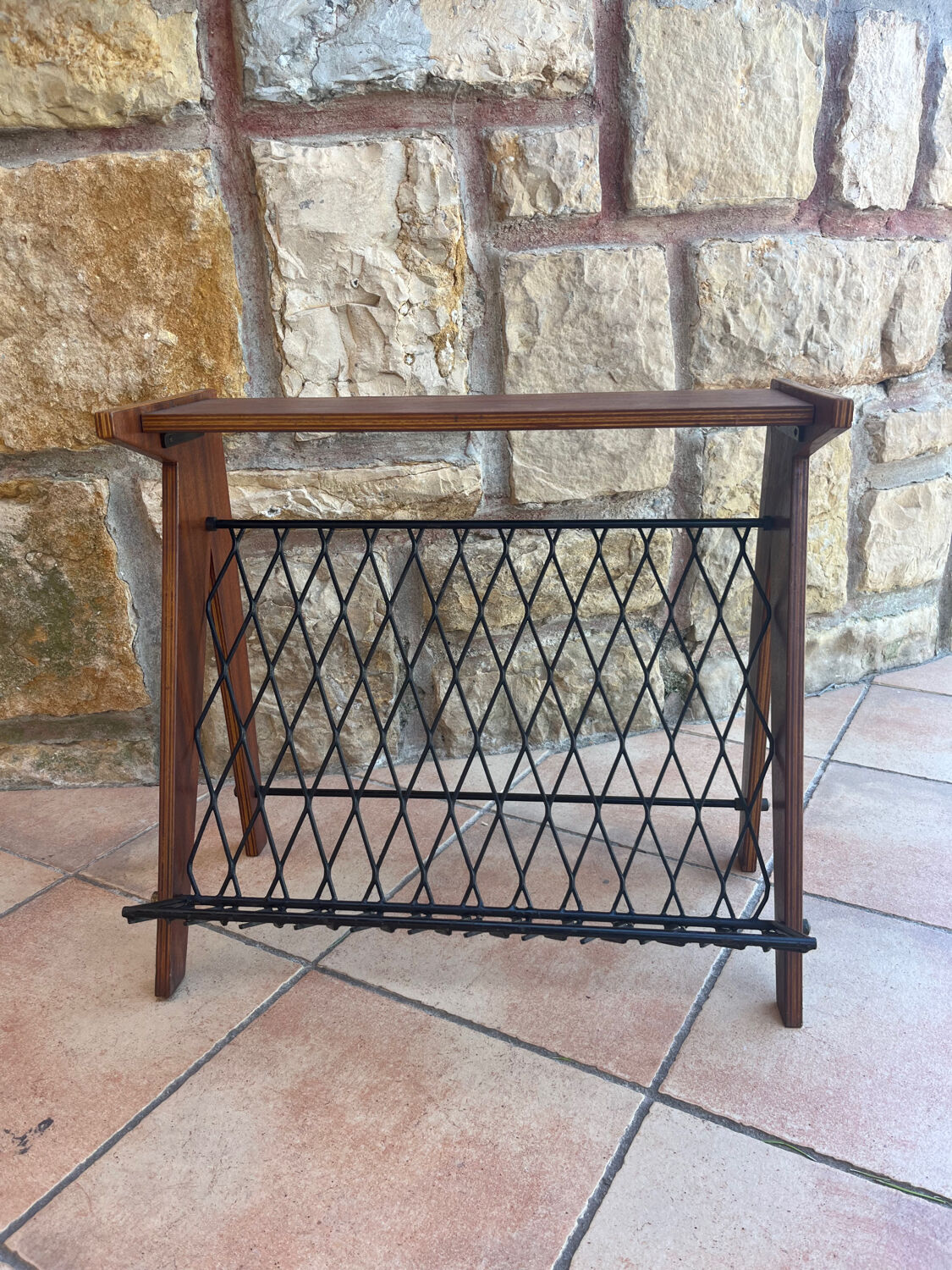 Scandinavian wood and steel magazine rack from the 60s