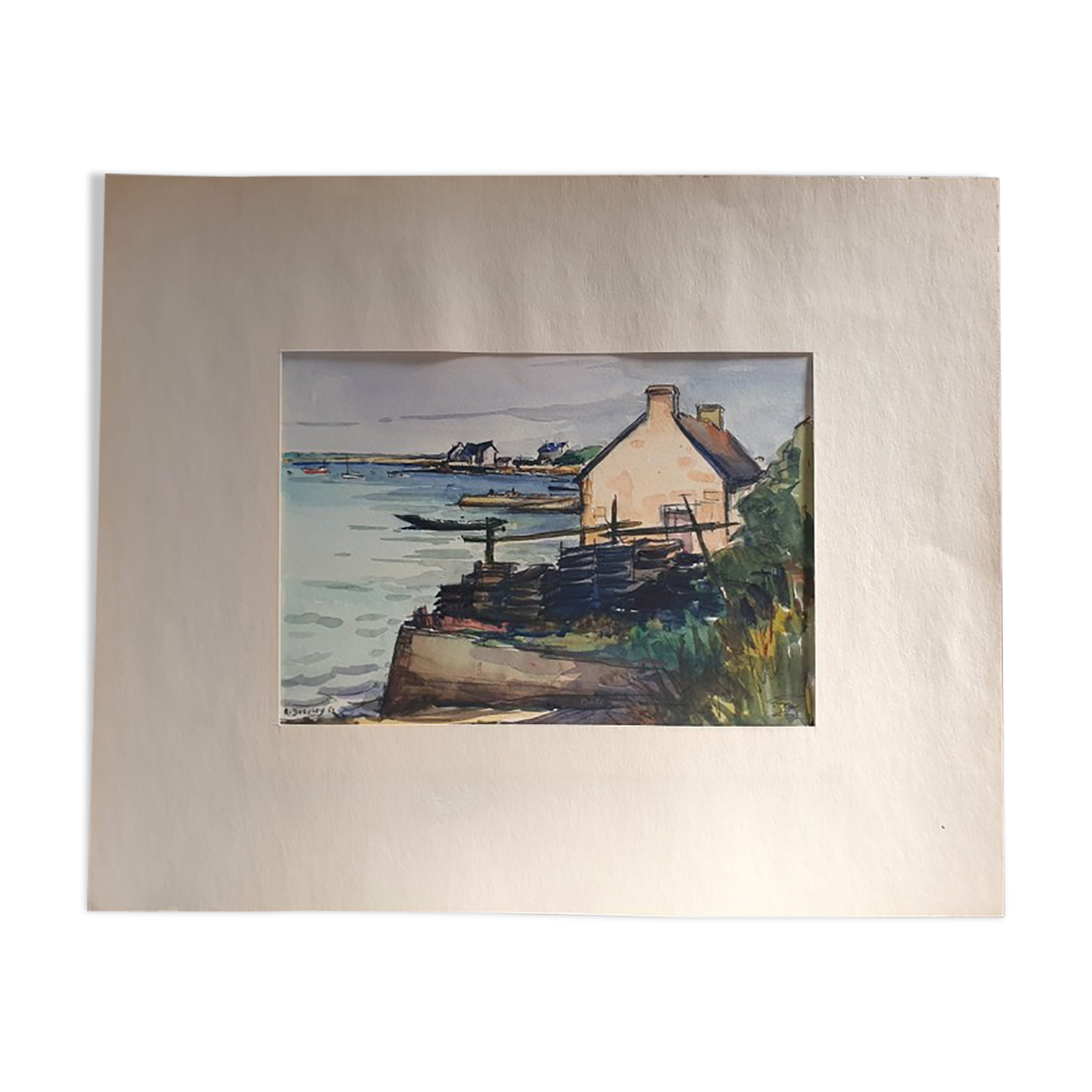 André Duculty (1912-1990) Watercolor on paper "Locmariaquer, Morbihan, oyster farmer's house"