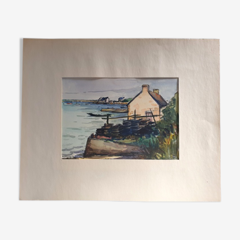 André Duculty (1912-1990) Watercolor on paper "Locmariaquer, Morbihan, oyster farmer's house"
